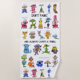 Don't Panic Alien Cartoon Monsters Beach Towel
