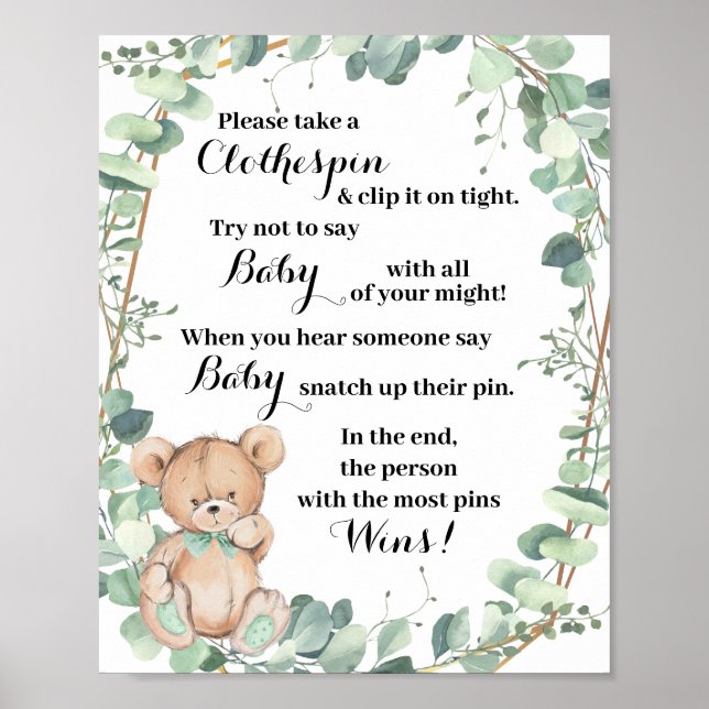Don't Say Baby Greenery Bear Gold Baby Shower Game Poster (Front)