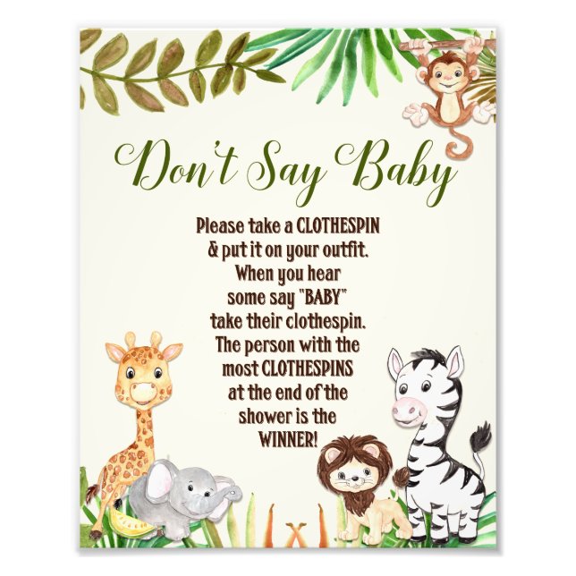 Don't Say Baby Jungle Safari Baby Shower Sign (Front)