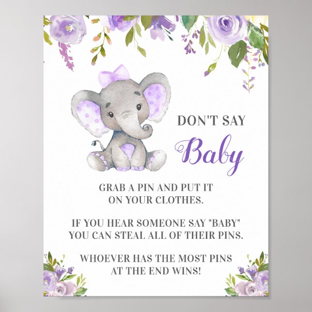 Don't Say Baby Pin Game Elephant Baby Girl Shower Poster (Front)