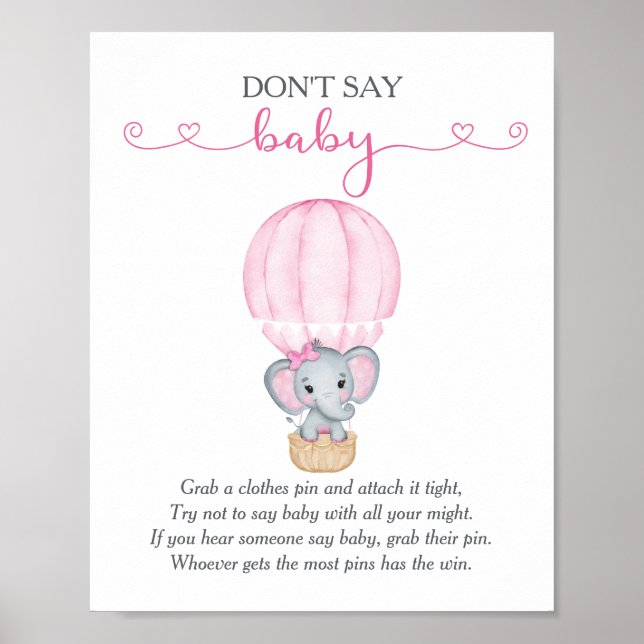Don't Say Baby Pink Elephant Baby Shower Game Poster (Front)