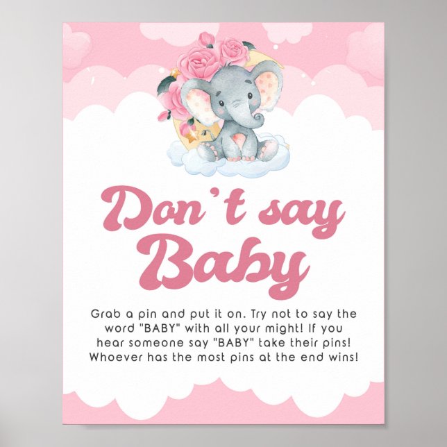 Don't Say Baby Pink Elephant Baby Shower Game Sign (Front)