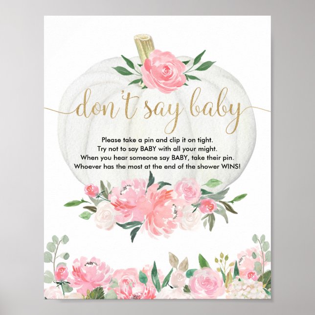 Don't say baby shower game fall pumpkin pink gold poster (Front)