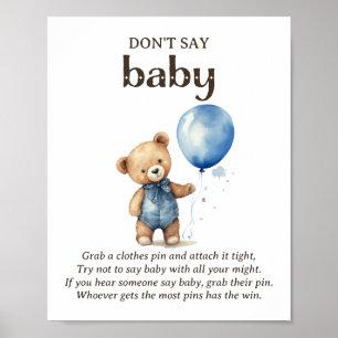 Don't Say Baby Teddy Bear Baby Boy Shower Game Poster