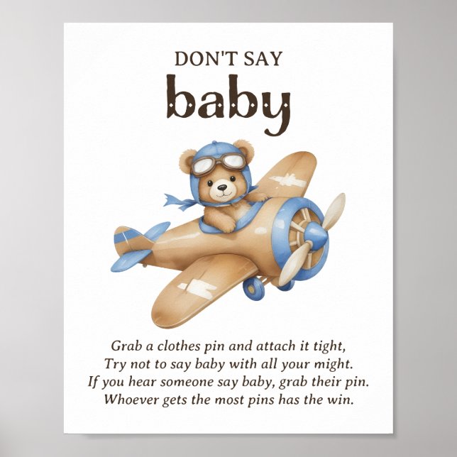 Don't Say Baby Teddy Bear Pilot Baby Shower Game Poster (Front)
