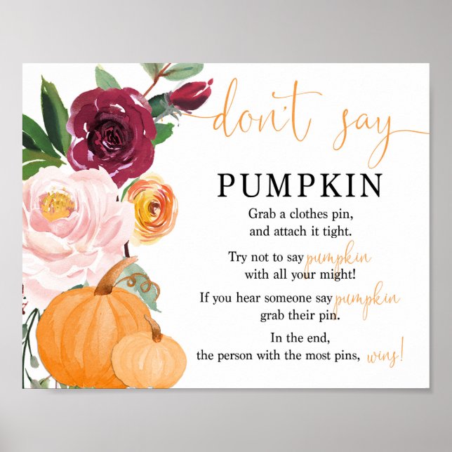 Don't say pumpkin fall baby shower game poster (Front)