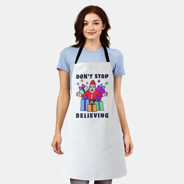 Don't Stop Believing Santa with Gifts Apron (Worn)