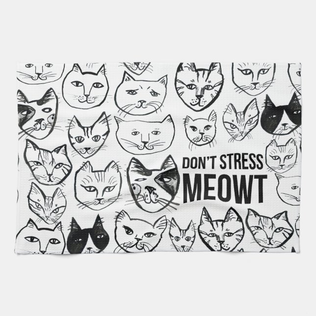 Don't Stress Meowt Funny Cat Pattern Tea Towel (Horizontal)