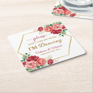 Don't Take my Drink Wedding Gold Frame Floral Square Paper Coaster
