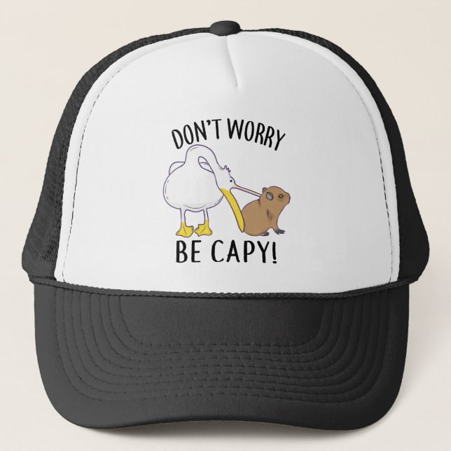 Don't Worry, Be Capy. Capybara Orange Unbothered Trucker Hat (Front)