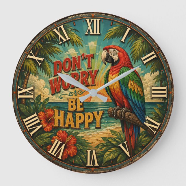 Don't Worry Be Happy Parrot Large Clock (Front)