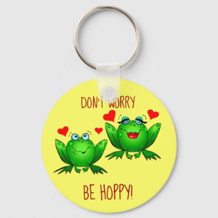 Dont Worry Be Hoppy Cute Cheerful Fun Green Frogs Key Ring