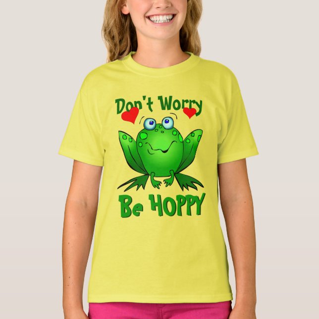 Dont Worry Be Hoppy Cute Green Frog w Hearts T-Shirt (Front)