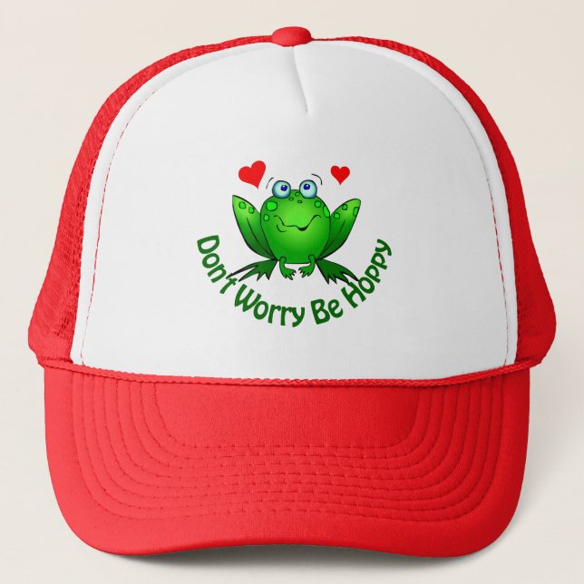 Dont Worry Be Hoppy Cute Green Frog w Hearts Trucker Hat (Front)