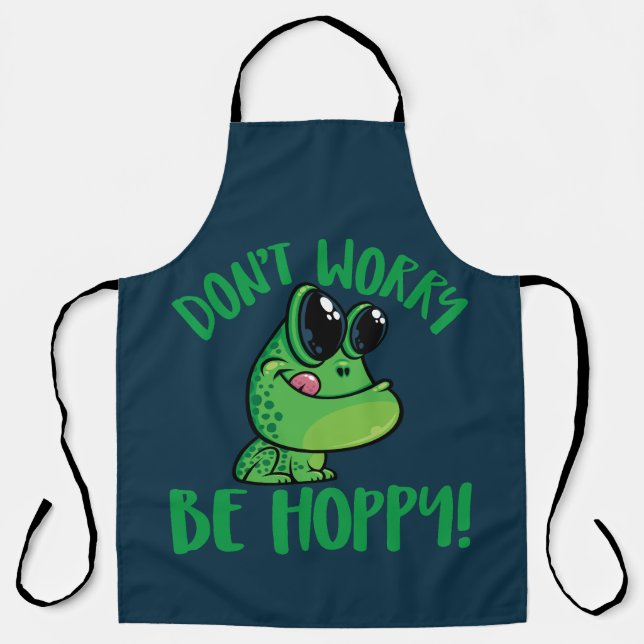 Don't Worry Be Hoppy Smiling Cartoon Frog Apron (Front)