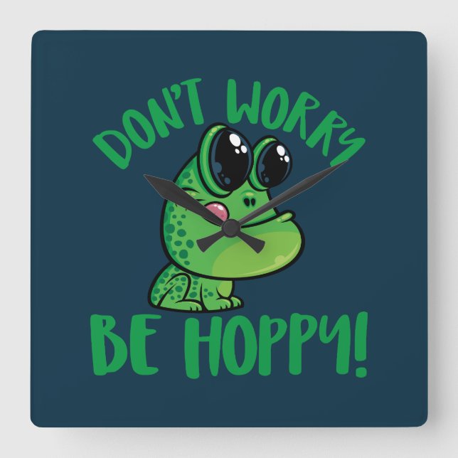 Don't Worry Be Hoppy Smiling Cartoon Frog Square Wall Clock (Front)