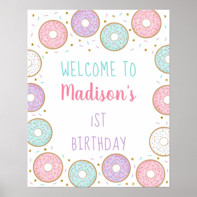 Donut Pink Gold Pastel Birthday Welcome Poster (Front)