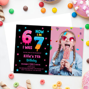 Donut Six Seven Girl Birthday Photo Invitation
