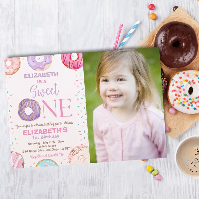 Donut Sweet One Birthday Party Photo 1st Birthday Invitation (Creator Uploaded)