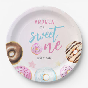 Donut Sweet One Pink and Blue Girls First Birthday Paper Plate