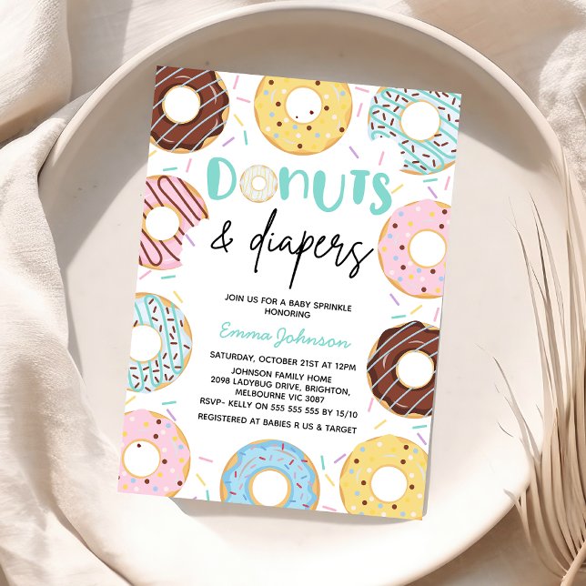  Donuts and Diapers Baby Sprinkle Baby Shower Invitation (Donuts and Diapers Baby Shower Invitation Baby Sprinkles Multicolored Donuts Multicolored Sprinkles)