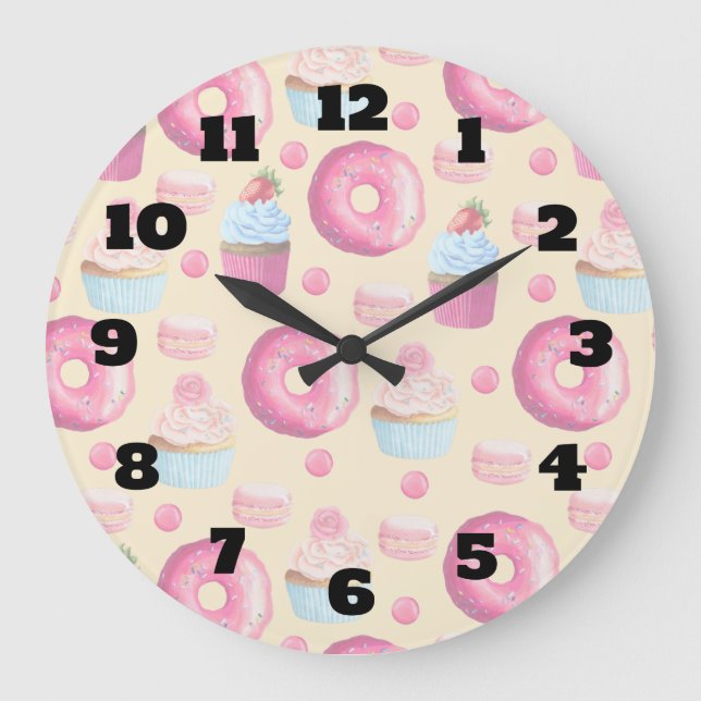 Donuts Macarons And Cupcake Pattern In Watercolor Large Clock (Front)