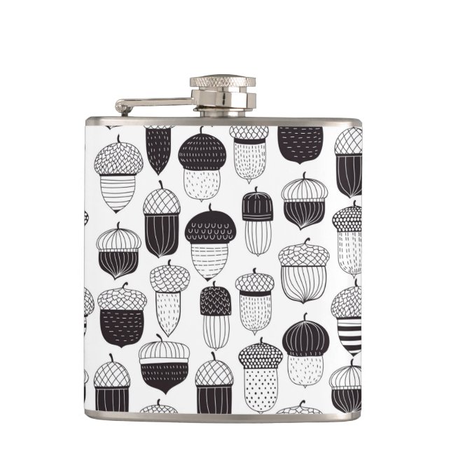 Doodle acorns autumn pattern hip flask (Front)