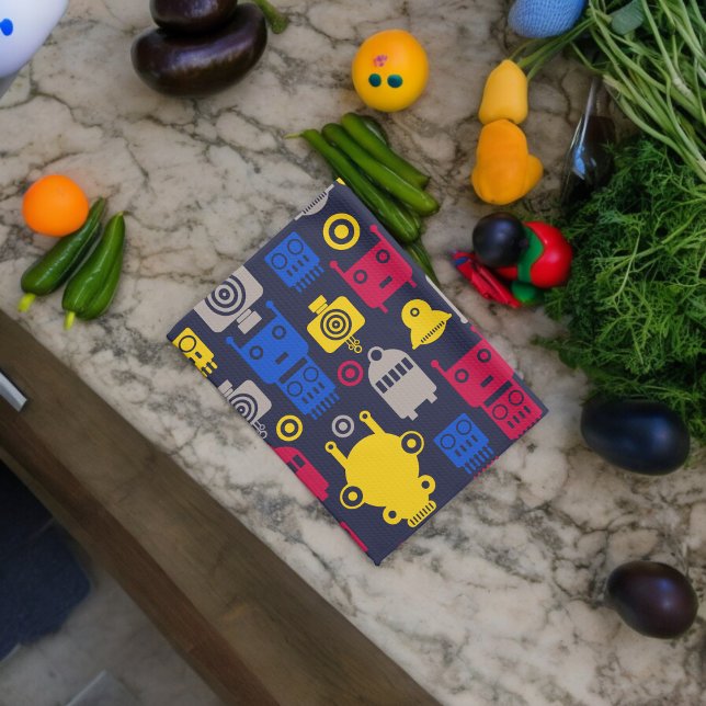 Doodle Alien Spaceship and Robot Pattern Tea Towel (Kitchen Towel)