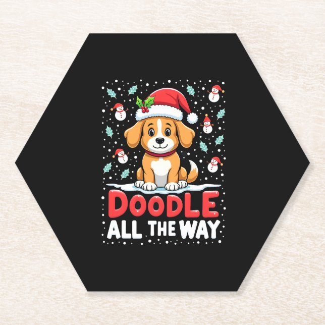 Doodle All The Way Funny Goldendoodle Santa Hat Ch Paper Coaster (Front)