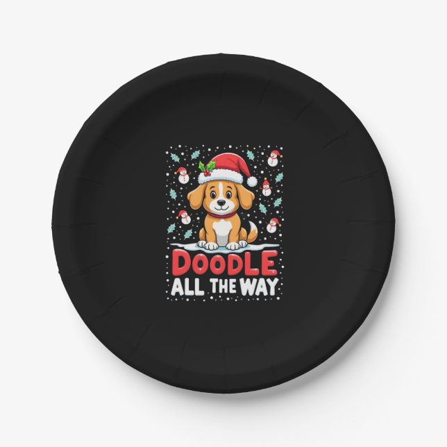 Doodle All The Way Funny Goldendoodle Santa Hat Ch Paper Plate (Front)
