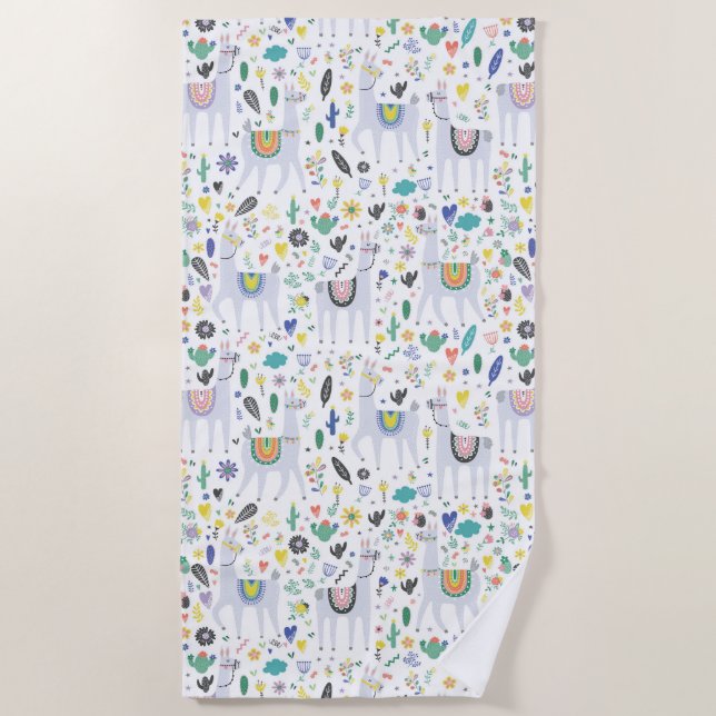Doodle Alpaca Pattern Beach Towel (Front)