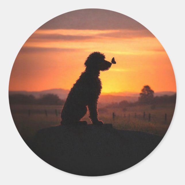 Doodle and Butterfly Sunset Cute Whimsical Classic Round Sticker (Front)