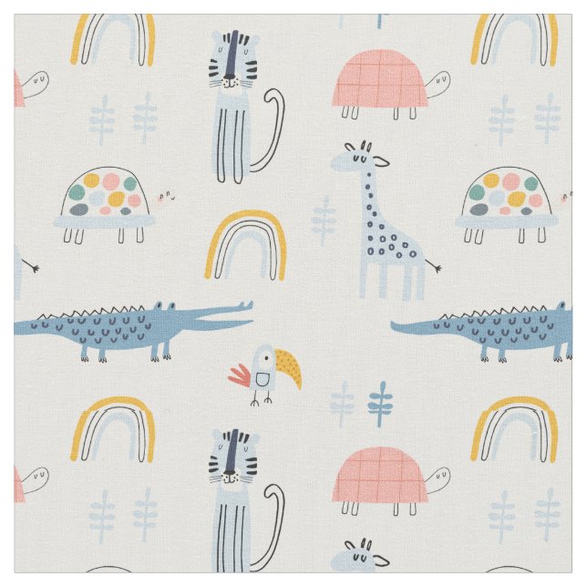 Doodle Animal Fun Pattern Fabric (Close Up)