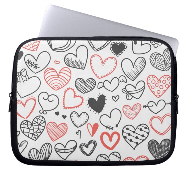 Doodle art hearts red and black hipster valentine laptop sleeve (Front)