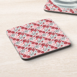 Doodle Art Style Red Pink Roses Hearts Valentine's Coaster