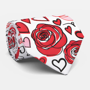Doodle Art Style Red Pink Roses Hearts Valentine's Tie