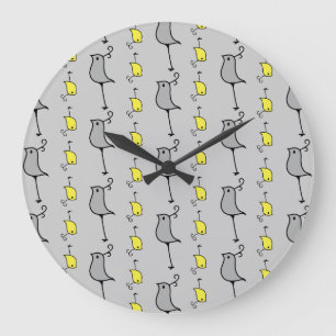 Doodle Birds, Grey and Yellow Large Clock