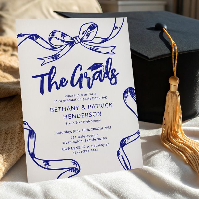 Doodle Blue Bow Joint Graduation Party Invitation (Creator Uploaded)