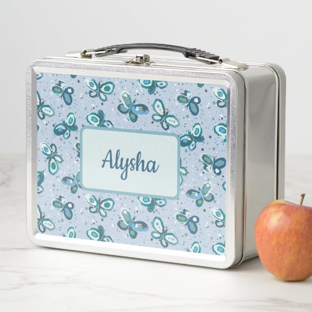 Doodle Bugs Butterflies - blue - kids pattern. Metal Lunch Box (In Situ)