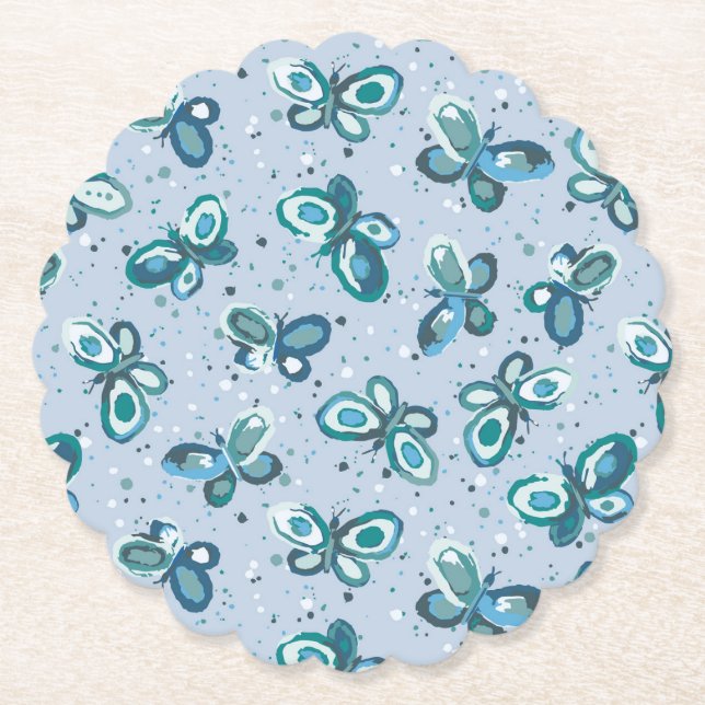 Doodle Bugs Butterflies - blue - seamless pattern. Paper Coaster (Front)