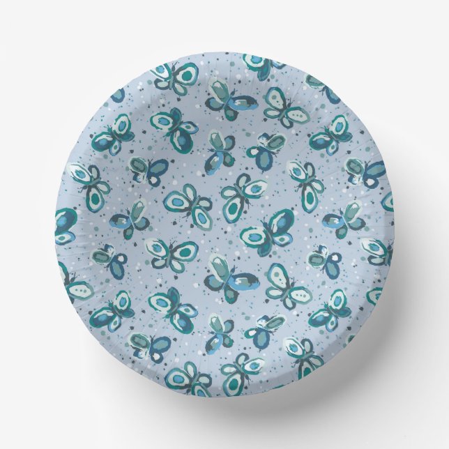 Doodle Bugs Butterflies - blue - seamless pattern. Paper Plate (Front)