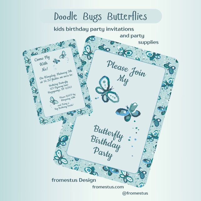 Doodle Bugs Butterflies - turquoise - birthday. Invitation (Creator Uploaded)