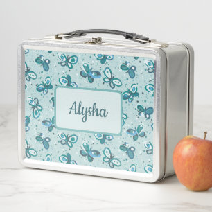 Doodle Bugs Butterflies - turquoise - kids pattern Metal Lunch Box