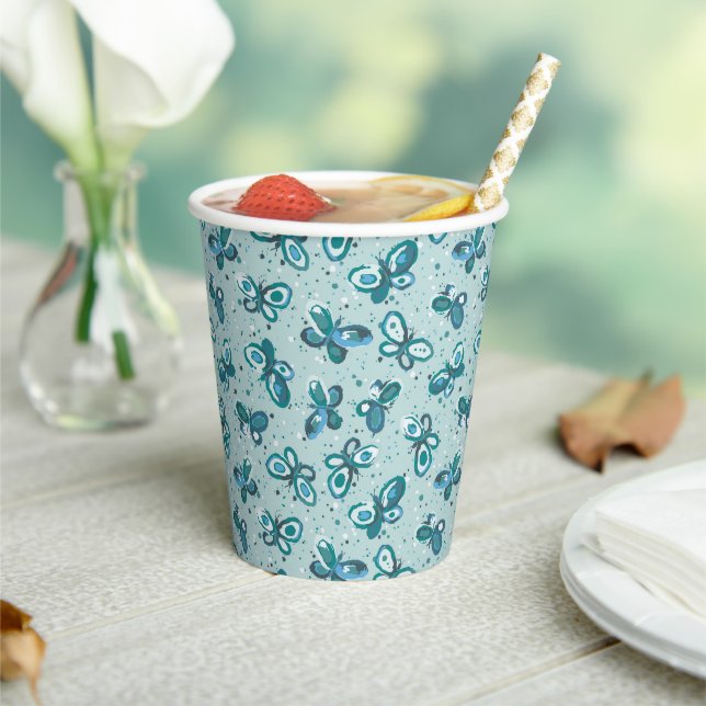 Doodle Bugs Butterflies - turquoise - pattern. Paper Cups (Insitu)
