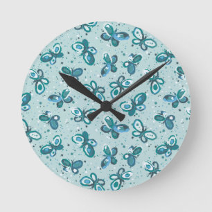 Doodle Bugs Butterflies - turquoise - pattern. Round Clock