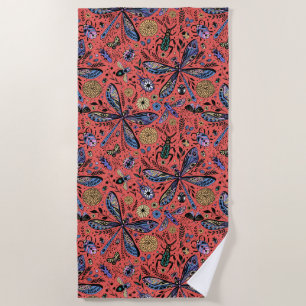 Doodle bugs on coral red beach towel
