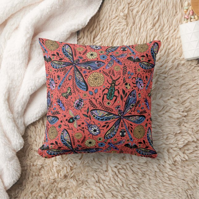 Doodle bugs on coral red cushion (Blanket)