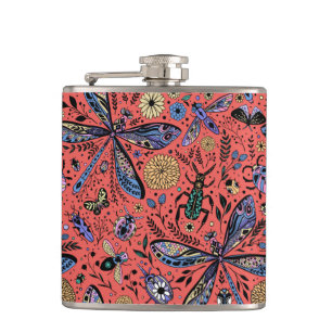 Doodle bugs on coral red hip flask