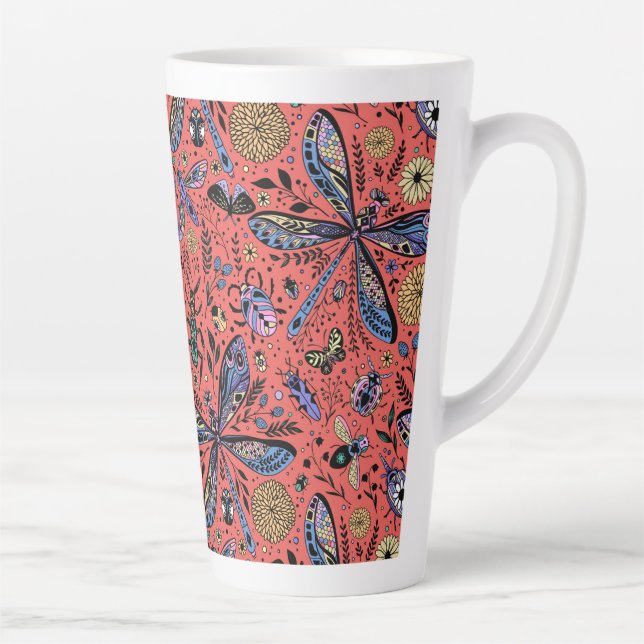 Doodle bugs on coral red latte mug (Right)
