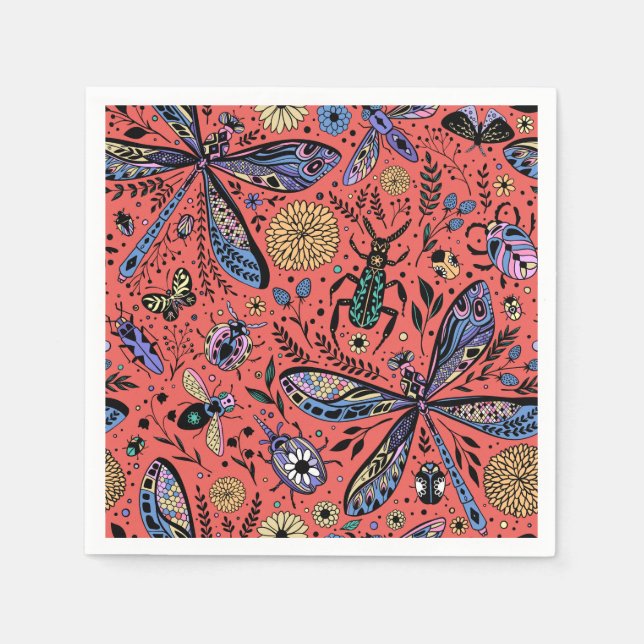 Doodle bugs on coral red napkin (Front)